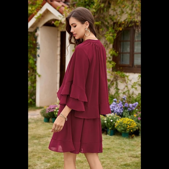 Women’s 3/4 Bell SleeveV Neck Drawstring Waist Midi Dress With Pockets - Picture 3 of 6